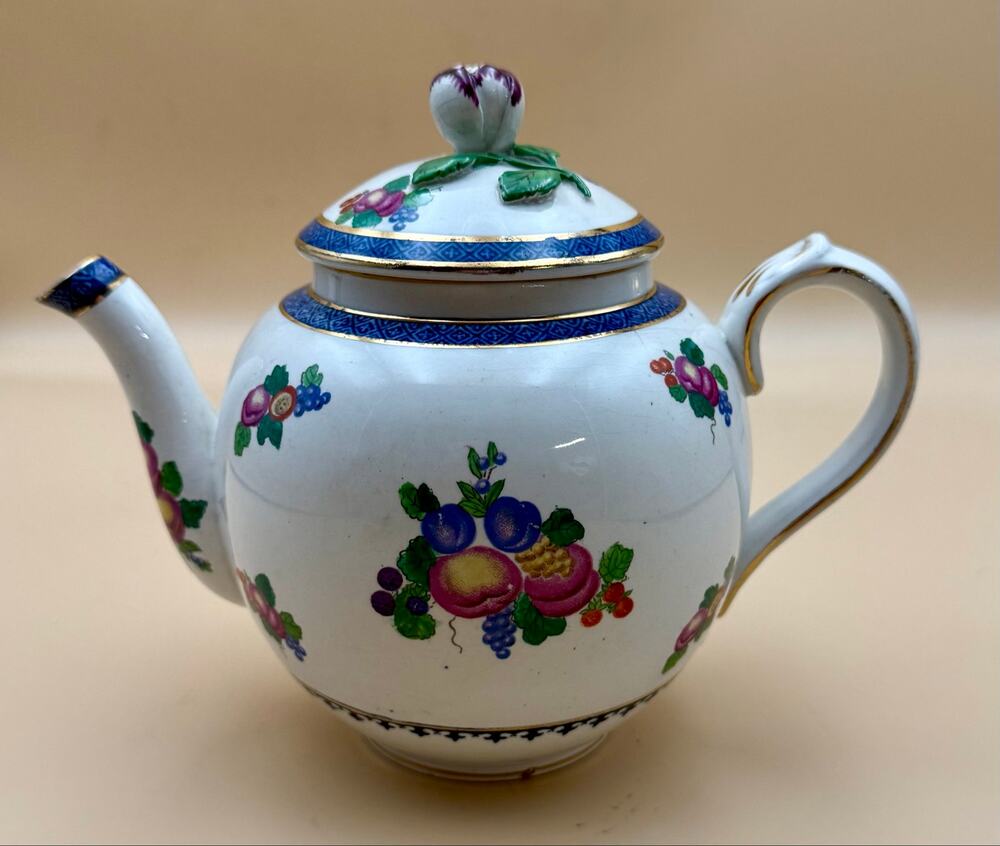 Antique Booths Silicon China T Goode London Fruit Teapot Blue Gold Floral Lid
